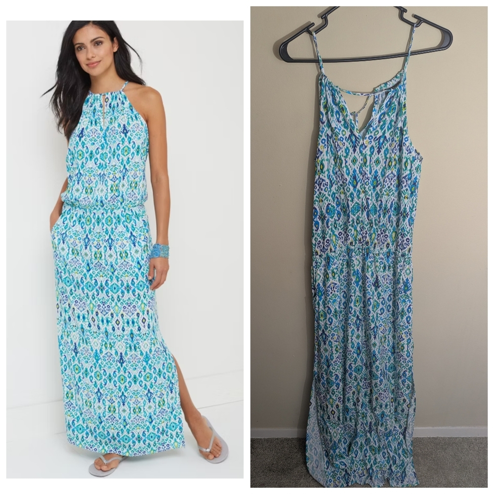 Tommy Bahama blue green ikat maxi dress